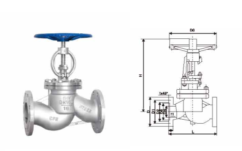 不銹鋼法蘭截止閥J41W-16P尺寸表結(jié)構(gòu)示意圖